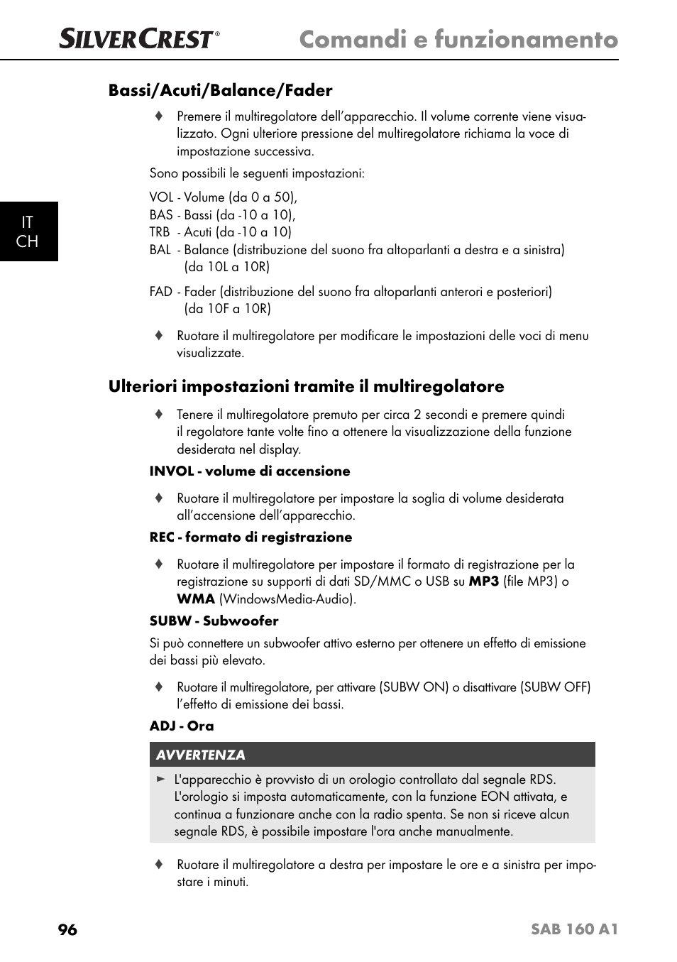 Comandi e funzionamento, It ch bassi/acuti/balance/fader, Ulteriori impostazioni tramite il multiregolatore | Silvercrest SAB 160 A1 User Manual | Page 100 / 204