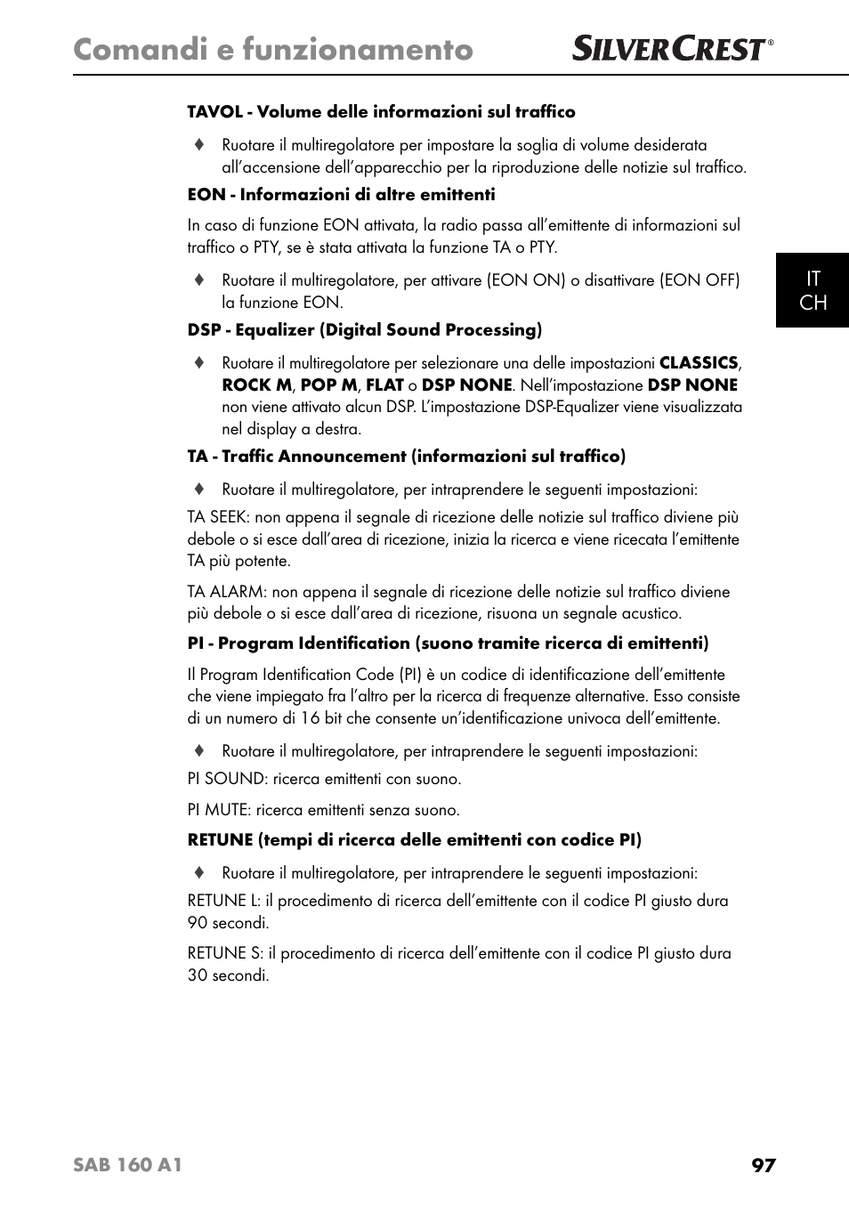 Comandi e funzionamento, It ch | Silvercrest SAB 160 A1 User Manual | Page 101 / 204