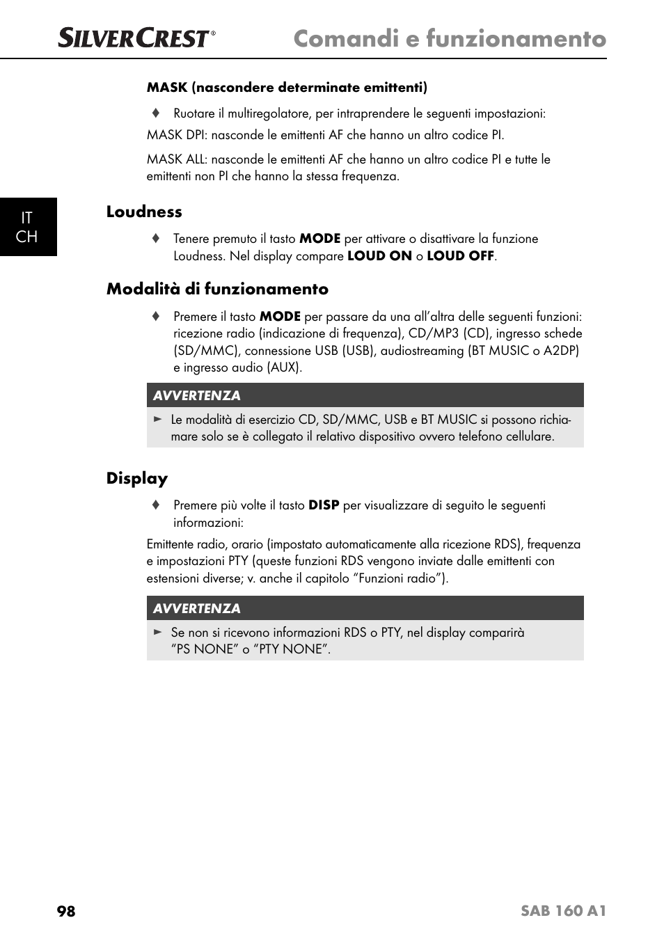 Comandi e funzionamento, It ch, Loudness | Modalità di funzionamento, Display | Silvercrest SAB 160 A1 User Manual | Page 102 / 204