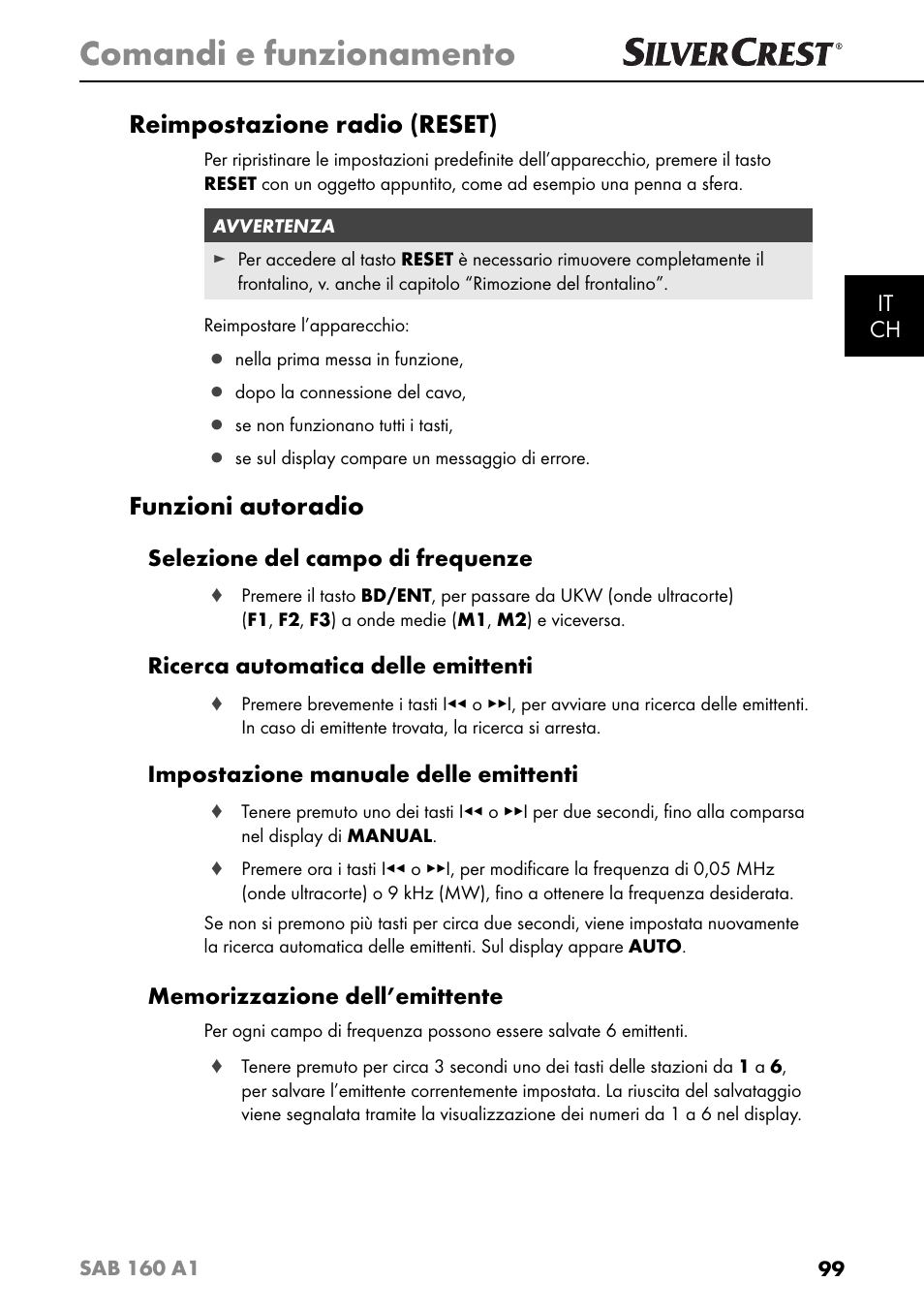 Comandi e funzionamento, Reimpostazione radio (reset), Funzioni autoradio | It ch, Selezione del campo di frequenze, Ricerca automatica delle emittenti, Impostazione manuale delle emittenti | Silvercrest SAB 160 A1 User Manual | Page 103 / 204