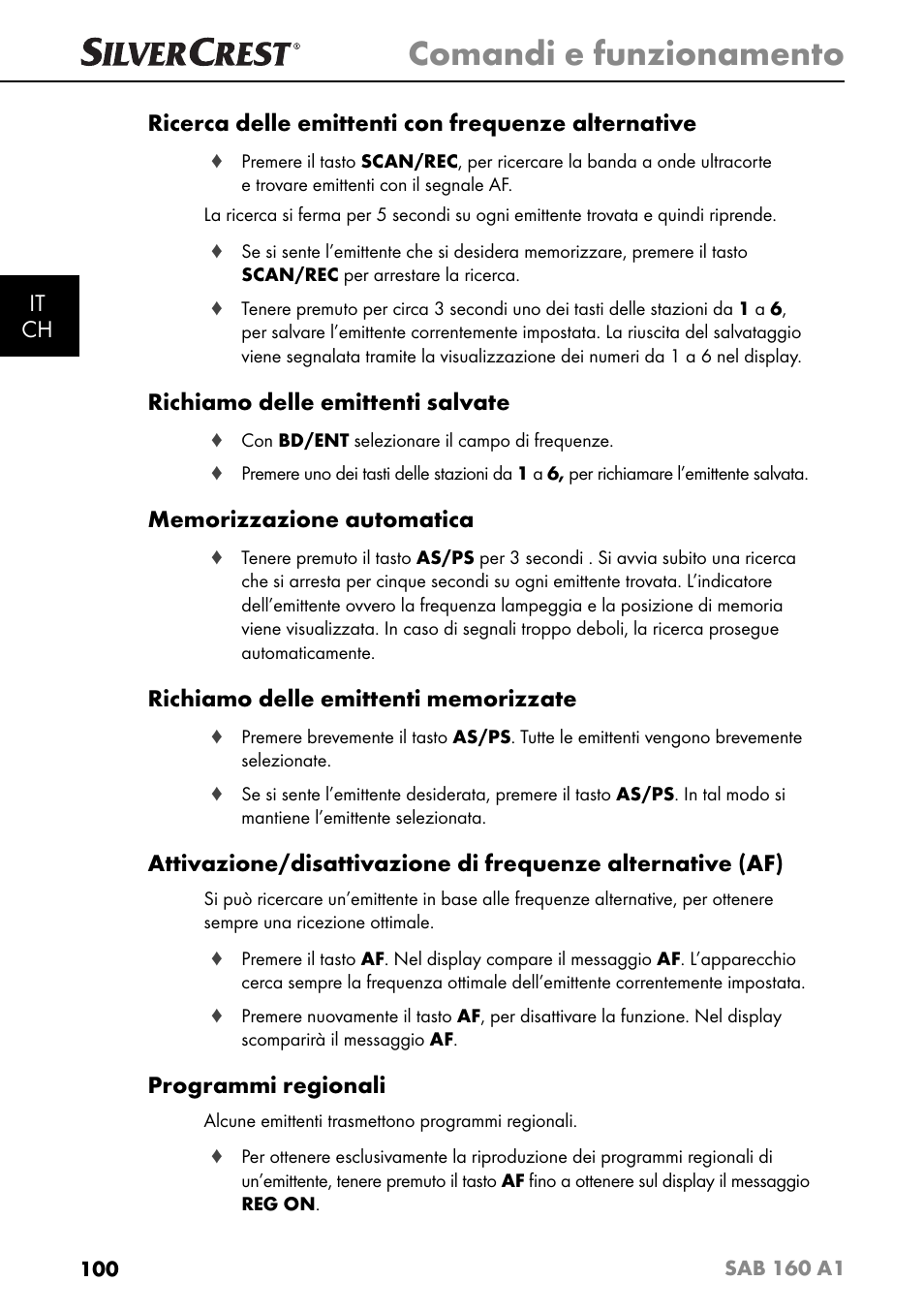 Comandi e funzionamento, Richiamo delle emittenti salvate, Programmi regionali | Silvercrest SAB 160 A1 User Manual | Page 104 / 204