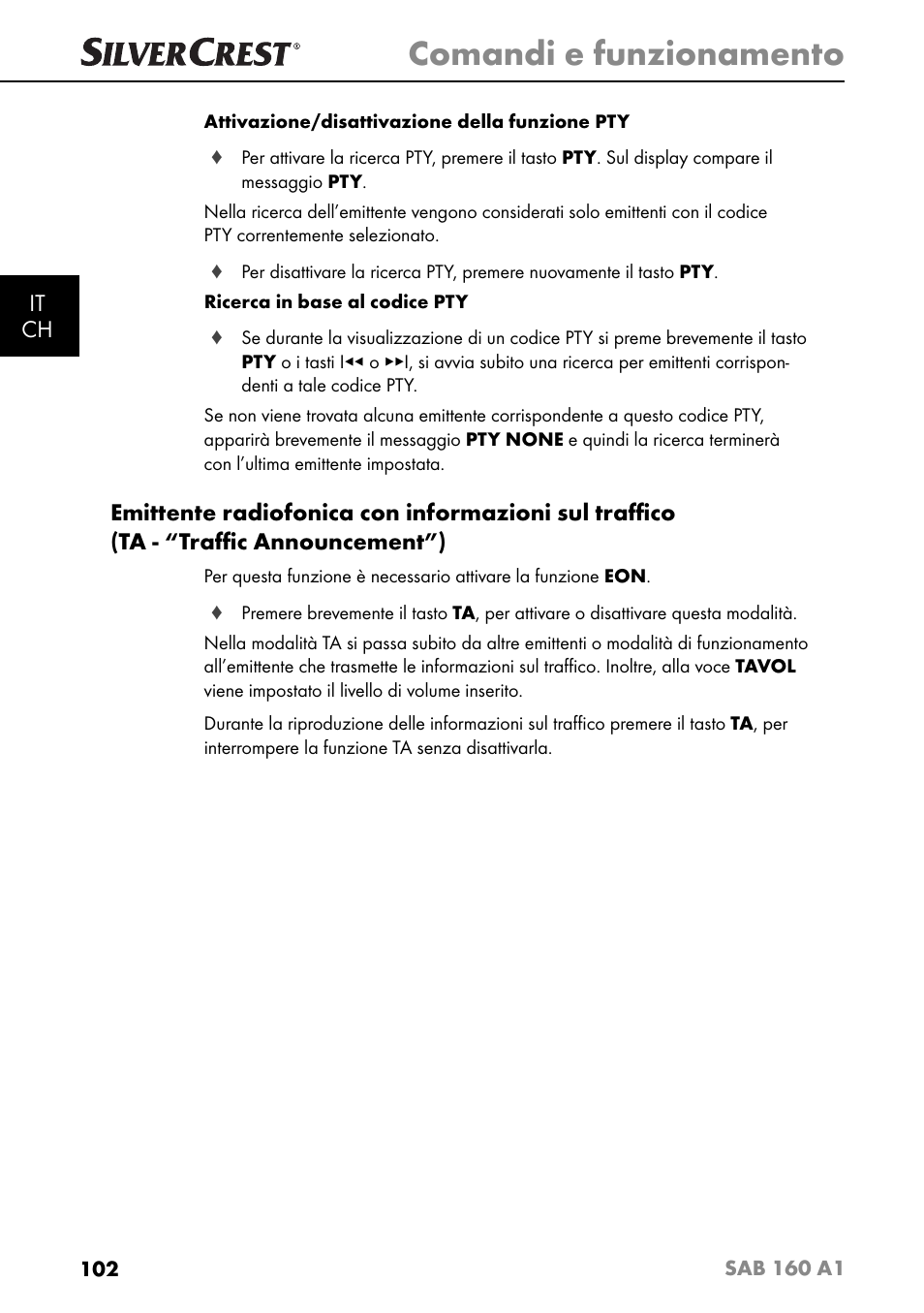 Comandi e funzionamento, It ch | Silvercrest SAB 160 A1 User Manual | Page 106 / 204