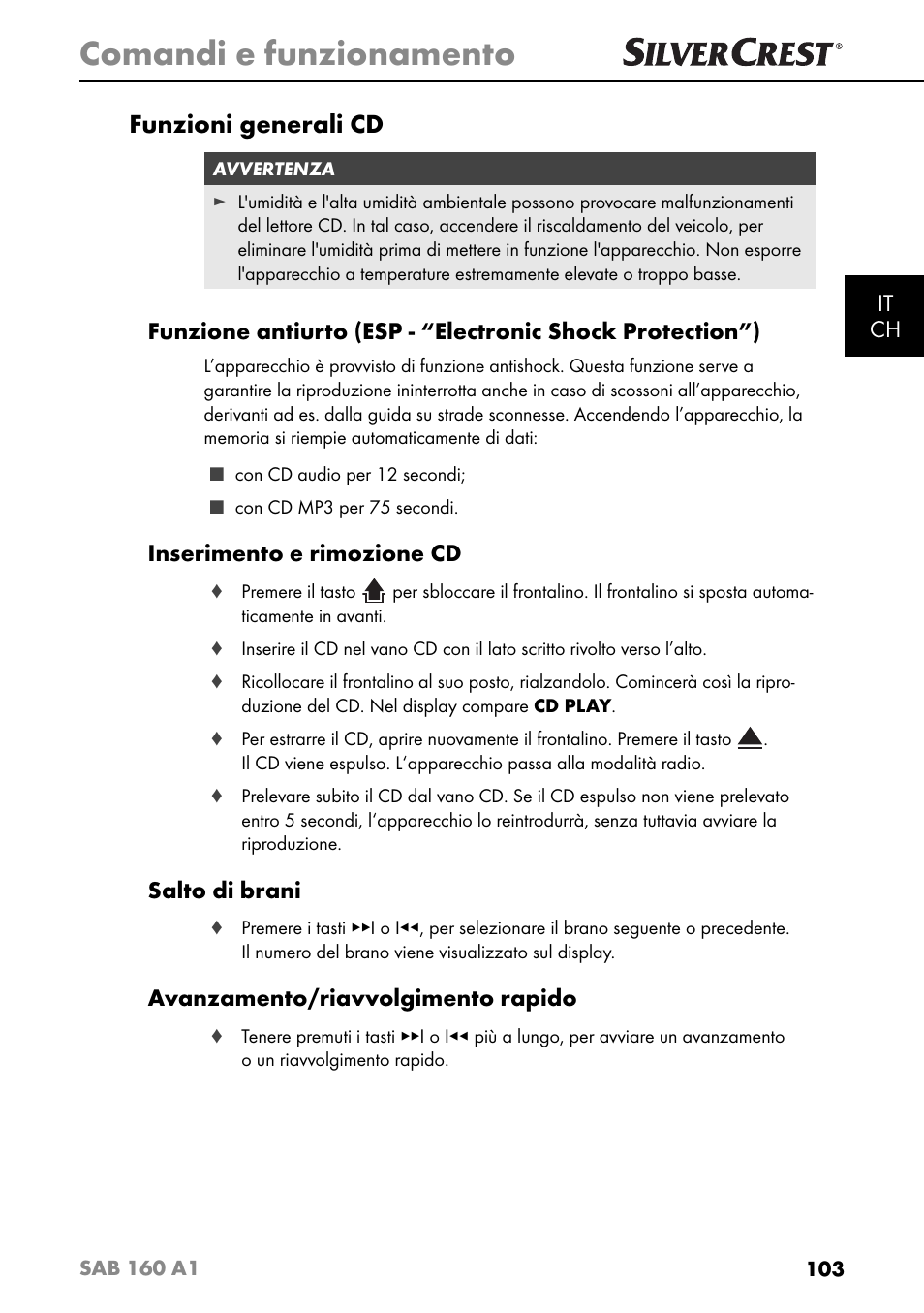 Comandi e funzionamento, Funzioni generali cd, It ch | Inserimento e rimozione cd, Salto di brani, Avanzamento/riavvolgimento rapido | Silvercrest SAB 160 A1 User Manual | Page 107 / 204