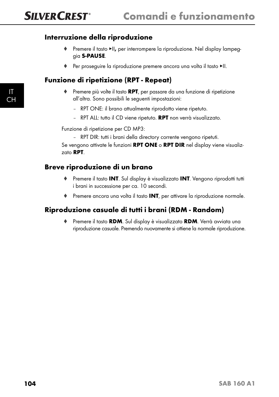 Comandi e funzionamento, It ch interruzione della riproduzione, Funzione di ripetizione (rpt - repeat) | Breve riproduzione di un brano | Silvercrest SAB 160 A1 User Manual | Page 108 / 204