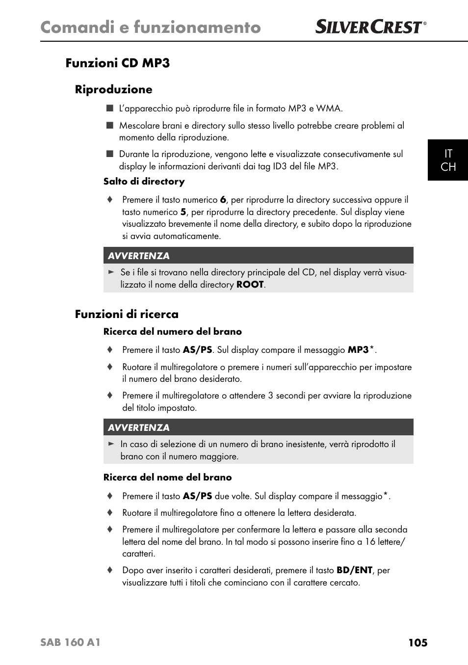 Comandi e funzionamento, Funzioni cd mp3, It ch | Riproduzione, Funzioni di ricerca | Silvercrest SAB 160 A1 User Manual | Page 109 / 204