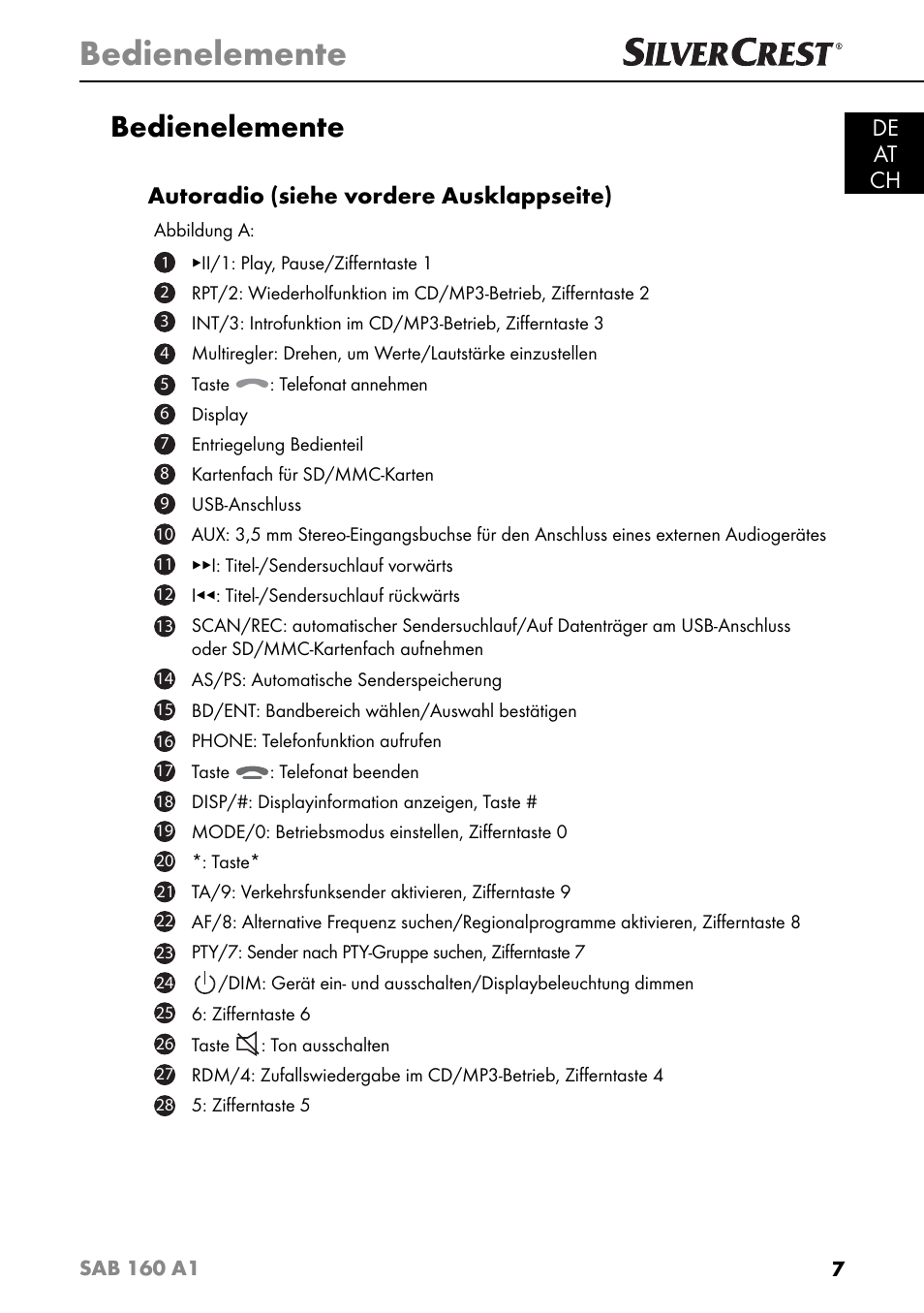 Bedienelemente, De at ch, Autoradio (siehe vordere ausklappseite) | Silvercrest SAB 160 A1 User Manual | Page 11 / 204