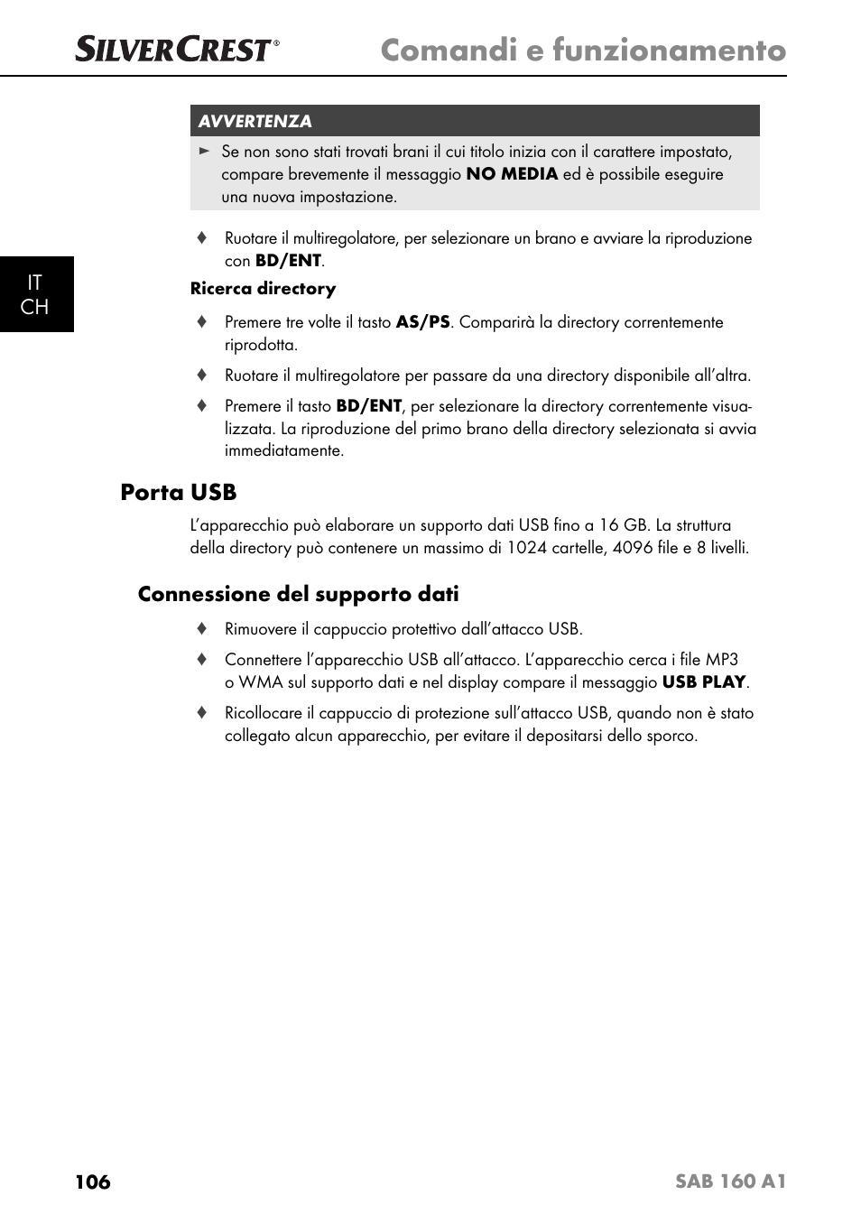 Comandi e funzionamento, Porta usb, It ch | Connessione del supporto dati | Silvercrest SAB 160 A1 User Manual | Page 110 / 204