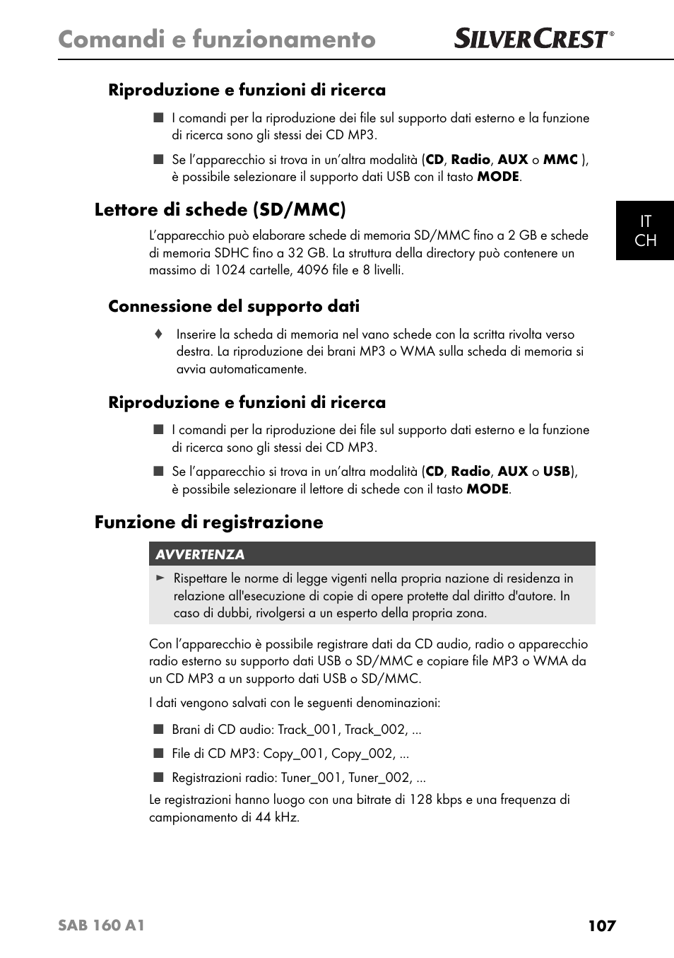 Comandi e funzionamento, Lettore di schede (sd/mmc), Funzione di registrazione | It ch riproduzione e funzioni di ricerca, Connessione del supporto dati, Riproduzione e funzioni di ricerca | Silvercrest SAB 160 A1 User Manual | Page 111 / 204