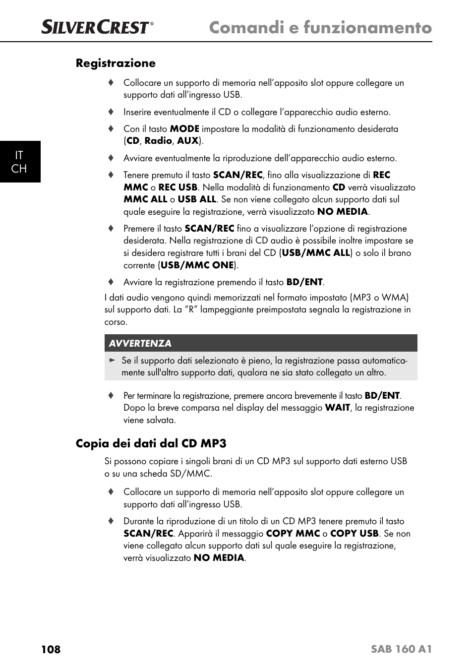 Comandi e funzionamento, It ch registrazione, Copia dei dati dal cd mp3 | Silvercrest SAB 160 A1 User Manual | Page 112 / 204