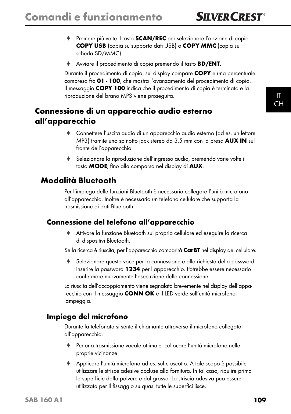 Comandi e funzionamento, Modalità bluetooth, It ch | Connessione del telefono all’apparecchio, Impiego del microfono | Silvercrest SAB 160 A1 User Manual | Page 113 / 204