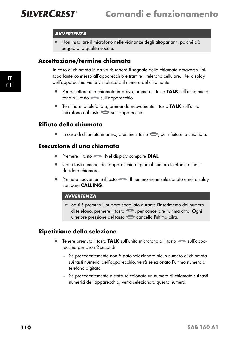 Comandi e funzionamento, It ch, Accettazione/termine chiamata | Riﬁ uto della chiamata, Esecuzione di una chiamata, Ripetizione della selezione | Silvercrest SAB 160 A1 User Manual | Page 114 / 204