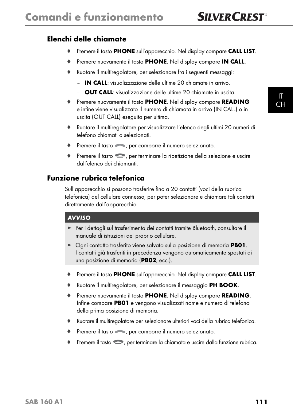 Comandi e funzionamento, It ch elenchi delle chiamate, Funzione rubrica telefonica | Silvercrest SAB 160 A1 User Manual | Page 115 / 204