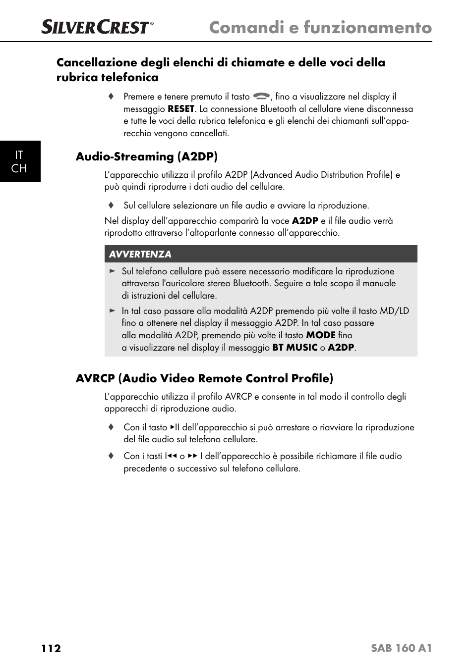 Comandi e funzionamento, Audio-streaming (a2dp), Avrcp (audio video remote control proﬁ le) | Silvercrest SAB 160 A1 User Manual | Page 116 / 204