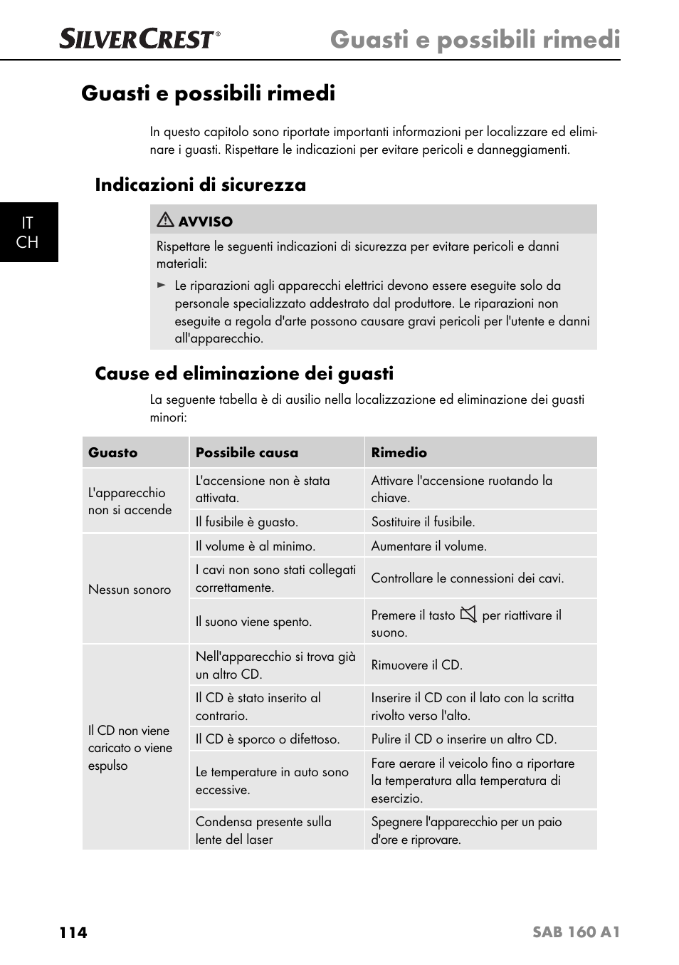 Guasti e possibili rimedi, Indicazioni di sicurezza, Cause ed eliminazione dei guasti | It ch | Silvercrest SAB 160 A1 User Manual | Page 118 / 204