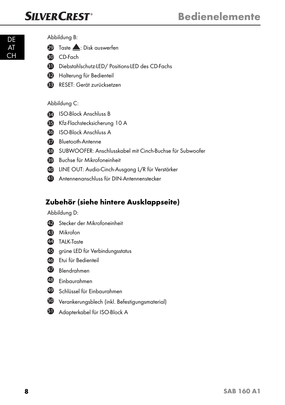 Bedienelemente, De at ch, Zubehör (siehe hintere ausklappseite) | Silvercrest SAB 160 A1 User Manual | Page 12 / 204