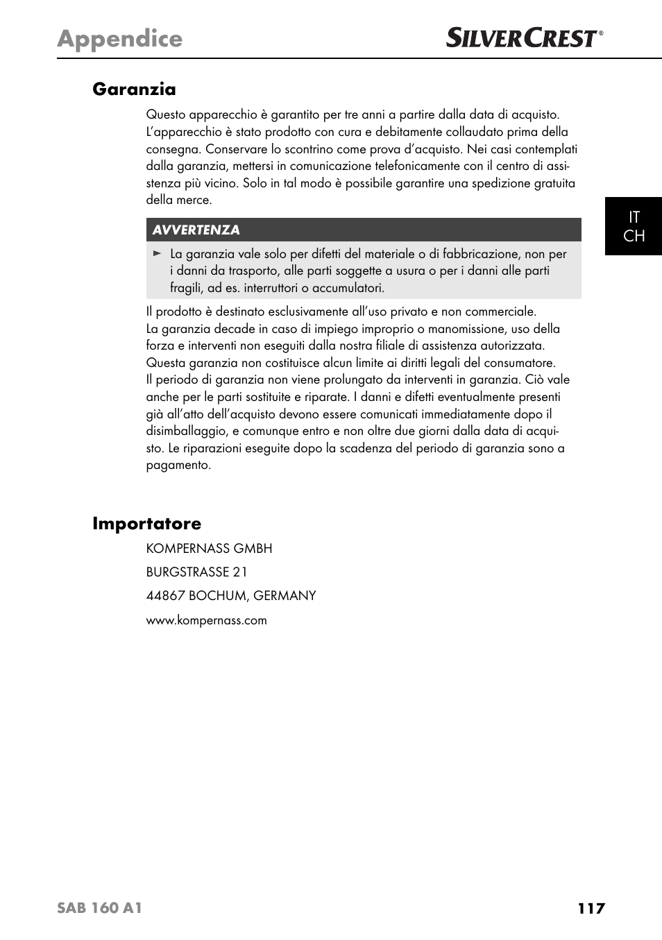 Appendice, Garanzia, Importatore | Silvercrest SAB 160 A1 User Manual | Page 121 / 204