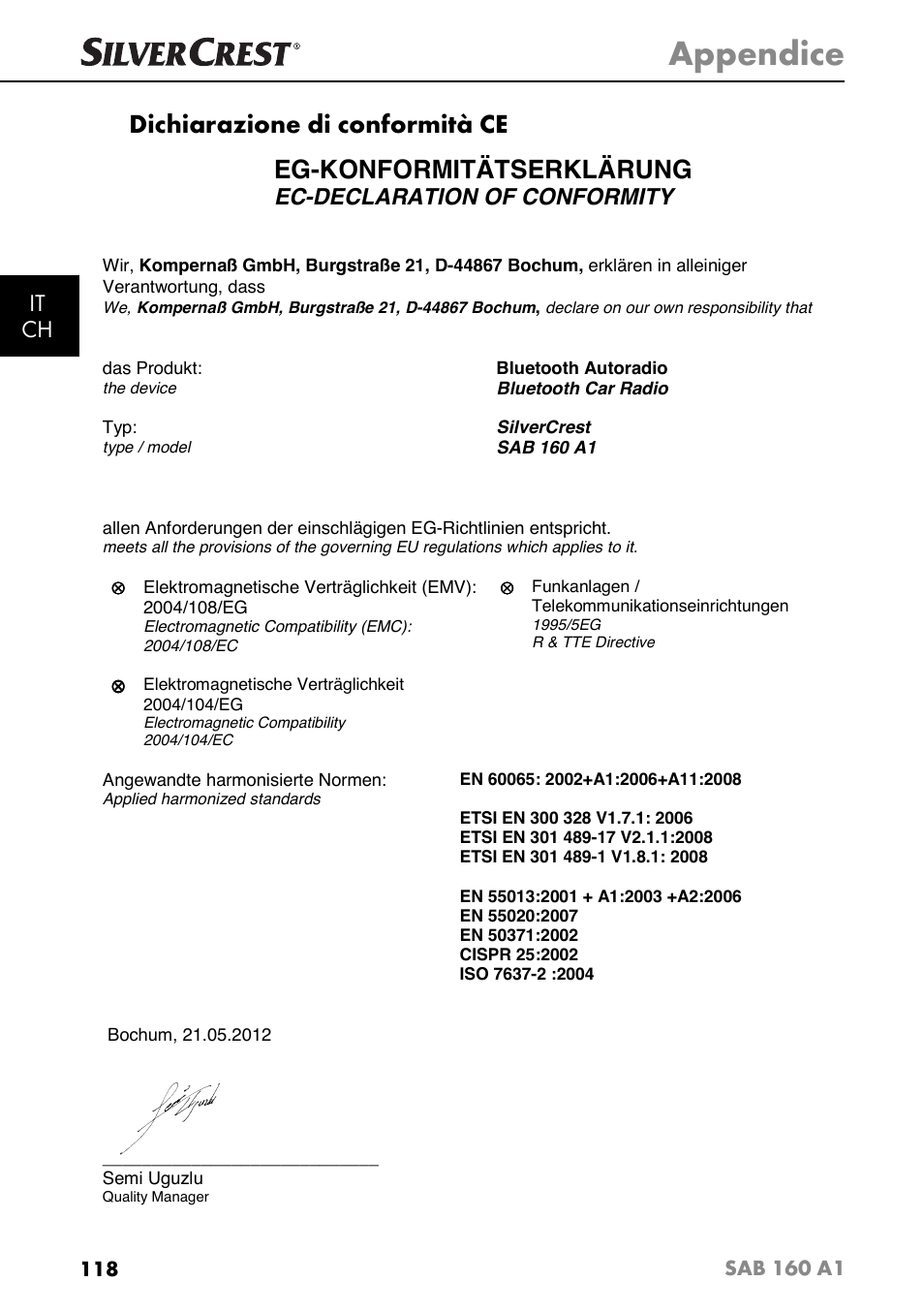 Appendice, Dichiarazione di conformità ce, Eg-konformitätserklärung | It ch, Ec-declaration of conformity, Sab 160 a1 | Silvercrest SAB 160 A1 User Manual | Page 122 / 204