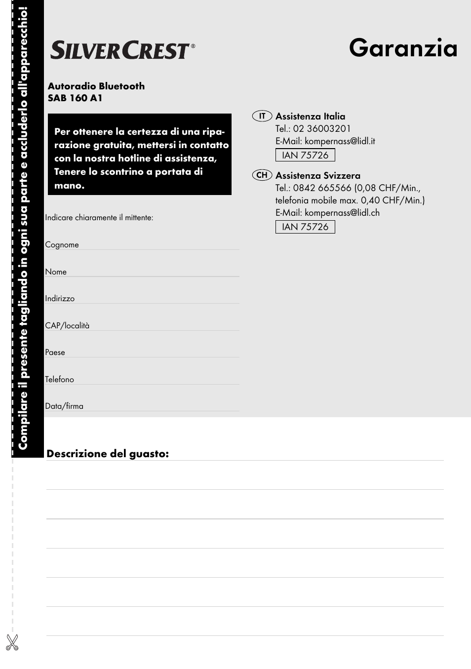 Garanzia | Silvercrest SAB 160 A1 User Manual | Page 123 / 204