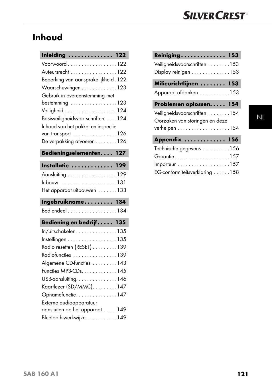 Inhoud | Silvercrest SAB 160 A1 User Manual | Page 125 / 204