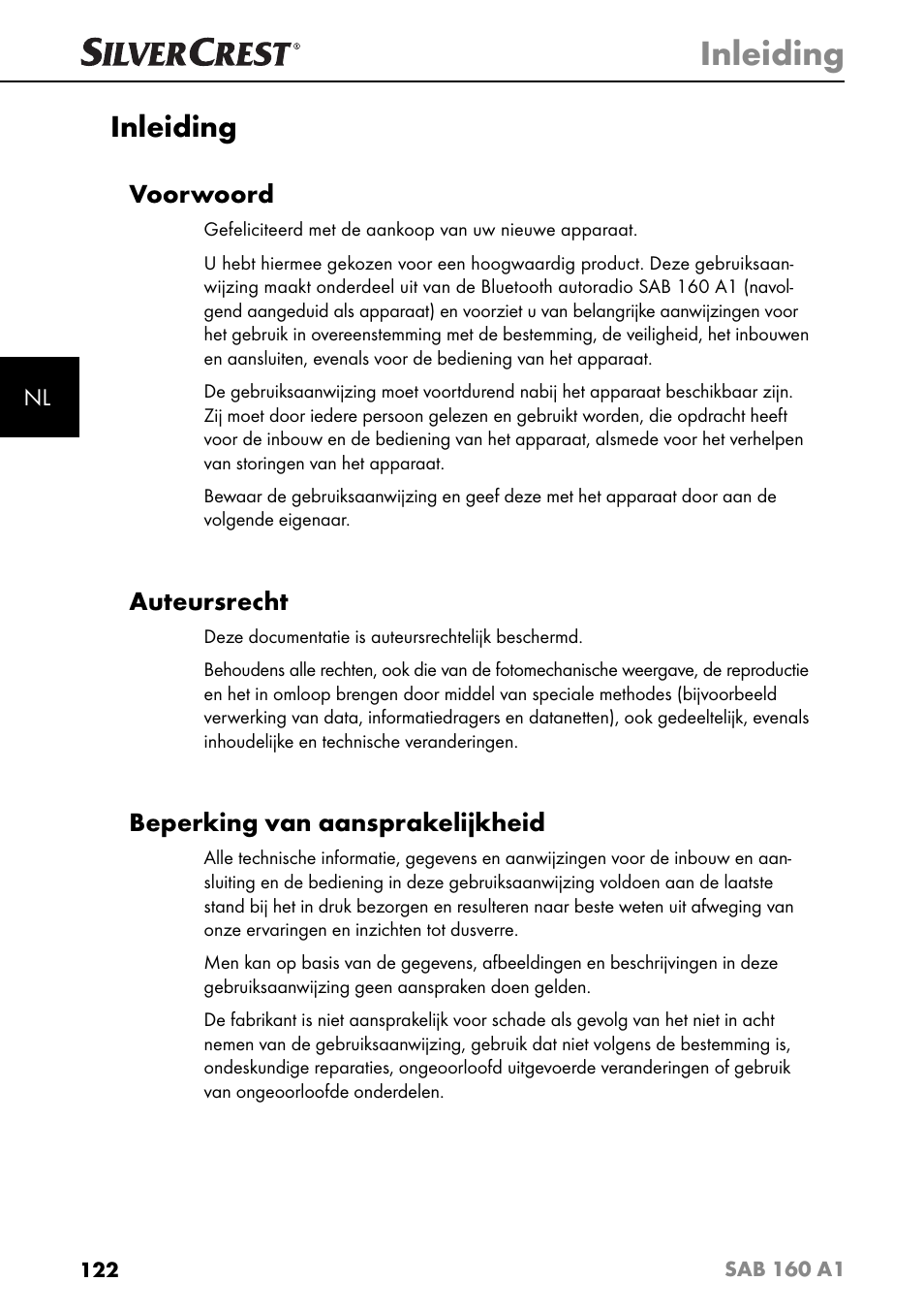 Inleiding, Voorwoord, Auteursrecht | Beperking van aansprakelijkheid | Silvercrest SAB 160 A1 User Manual | Page 126 / 204