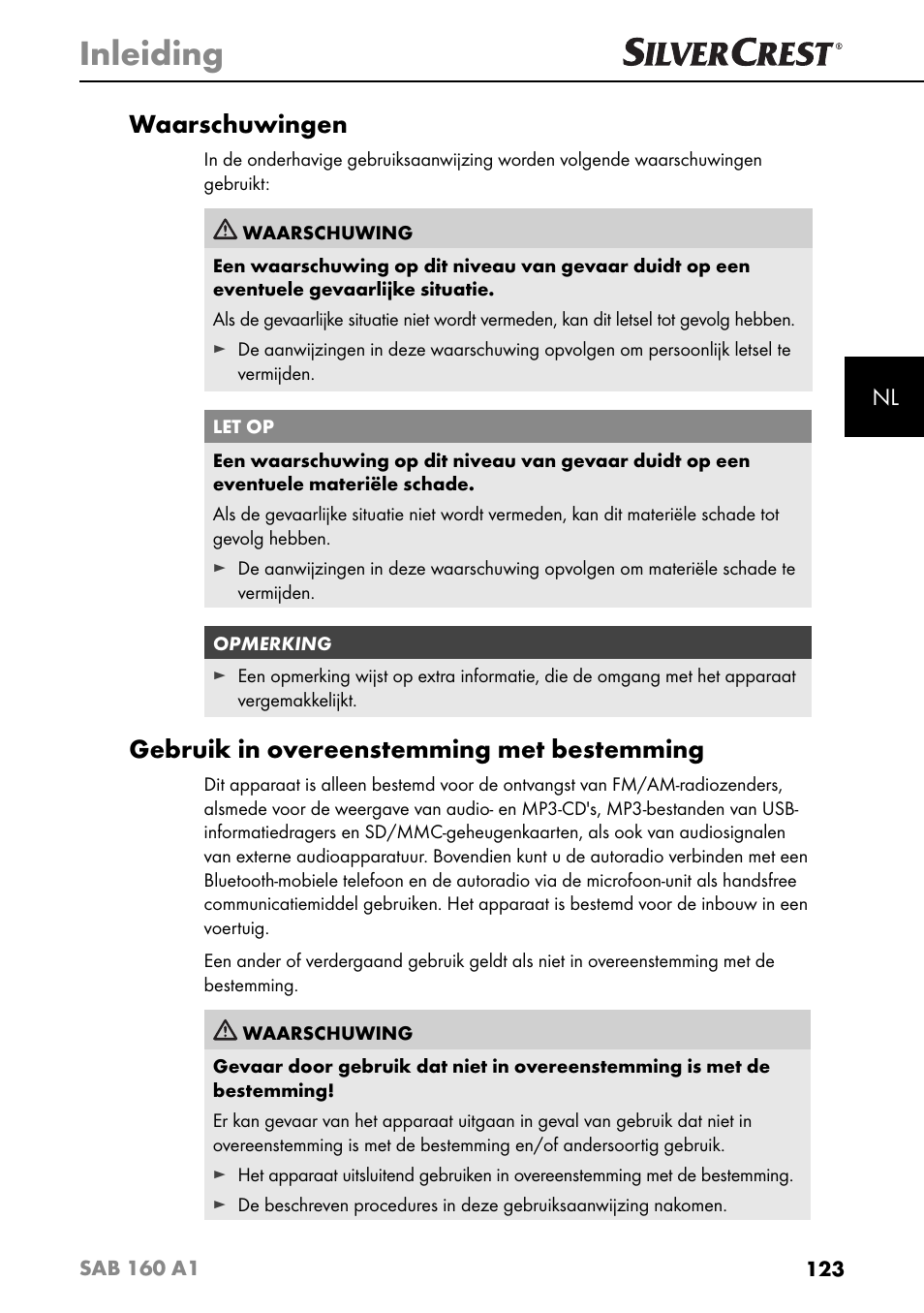 Inleiding, Waarschuwingen, Gebruik in overeenstemming met bestemming | Silvercrest SAB 160 A1 User Manual | Page 127 / 204
