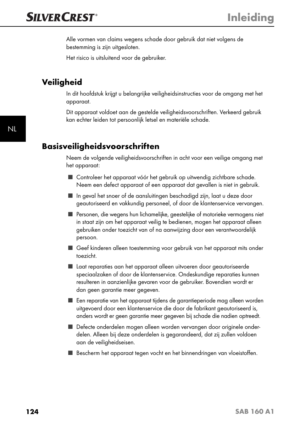 Inleiding, Veiligheid, Basisveiligheidsvoorschriften | Silvercrest SAB 160 A1 User Manual | Page 128 / 204