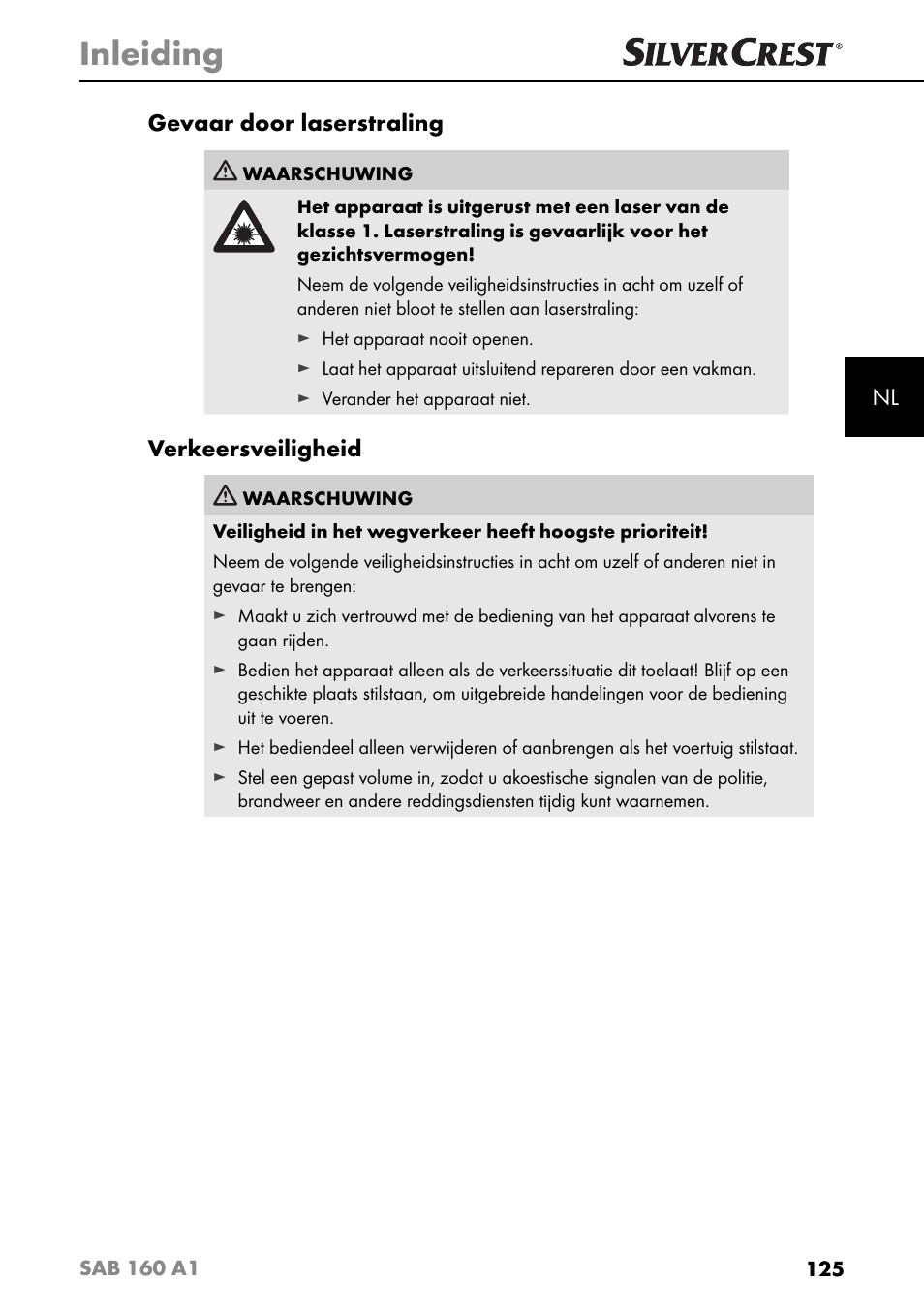 Inleiding, Nl gevaar door laserstraling, Verkeersveiligheid | Silvercrest SAB 160 A1 User Manual | Page 129 / 204