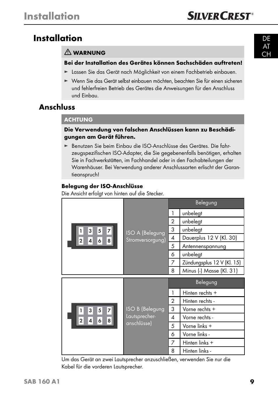 Installation, Anschluss, De at ch | Silvercrest SAB 160 A1 User Manual | Page 13 / 204