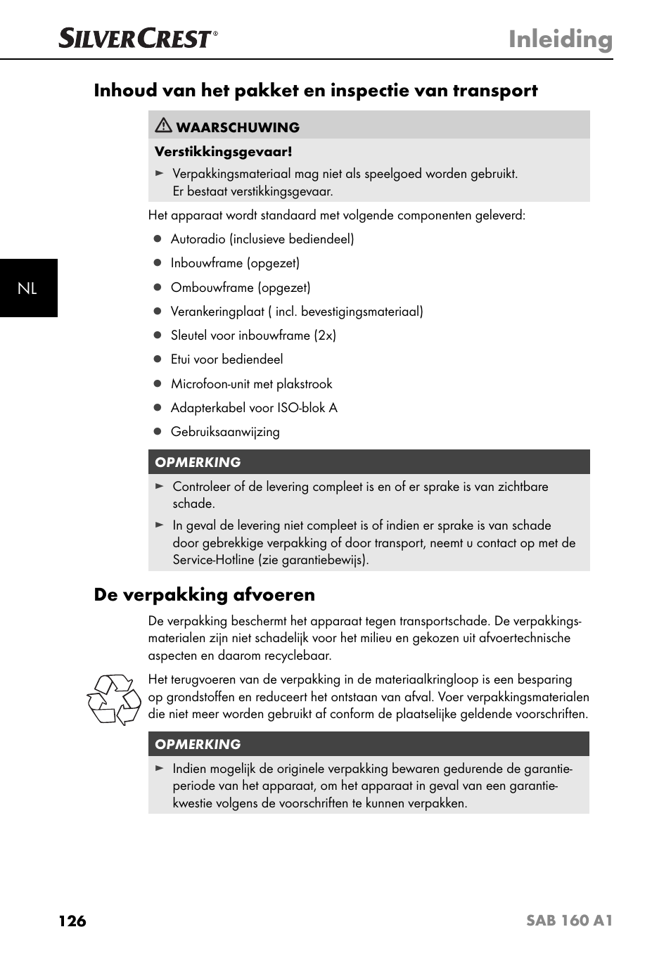 Inleiding, Inhoud van het pakket en inspectie van transport, De verpakking afvoeren | Silvercrest SAB 160 A1 User Manual | Page 130 / 204