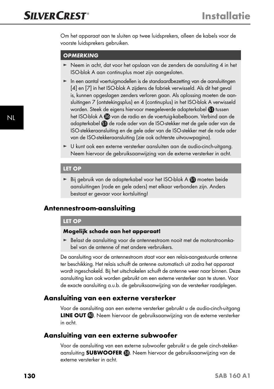 Installatie, Antennestroom-aansluiting, Aansluiting van een externe versterker | Aansluiting van een externe subwoofer | Silvercrest SAB 160 A1 User Manual | Page 134 / 204