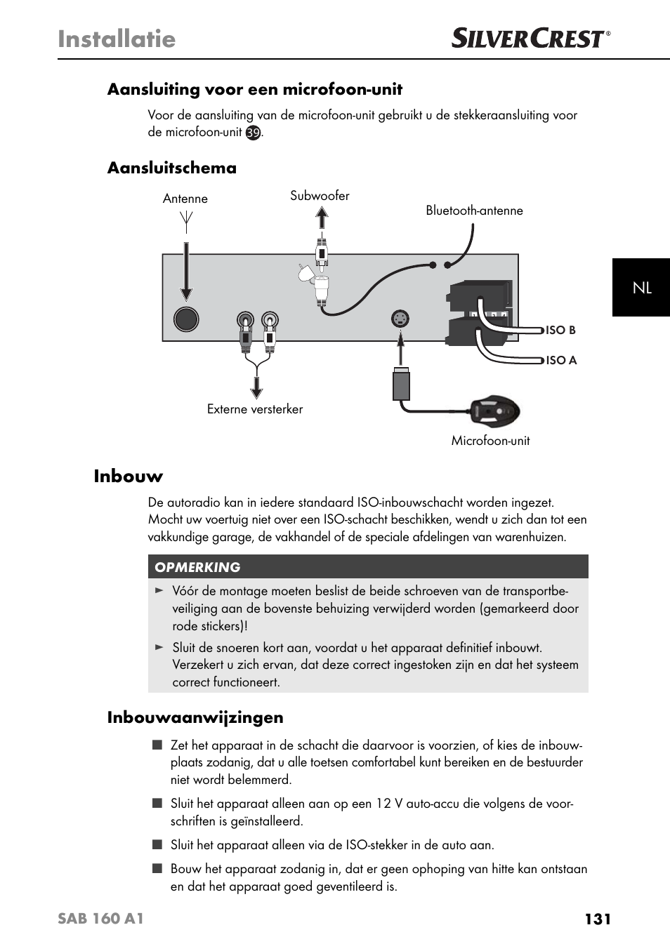 Installatie, Inbouw, Nl aansluiting voor een microfoon-unit | Aansluitschema, Inbouwaanwijzingen | Silvercrest SAB 160 A1 User Manual | Page 135 / 204