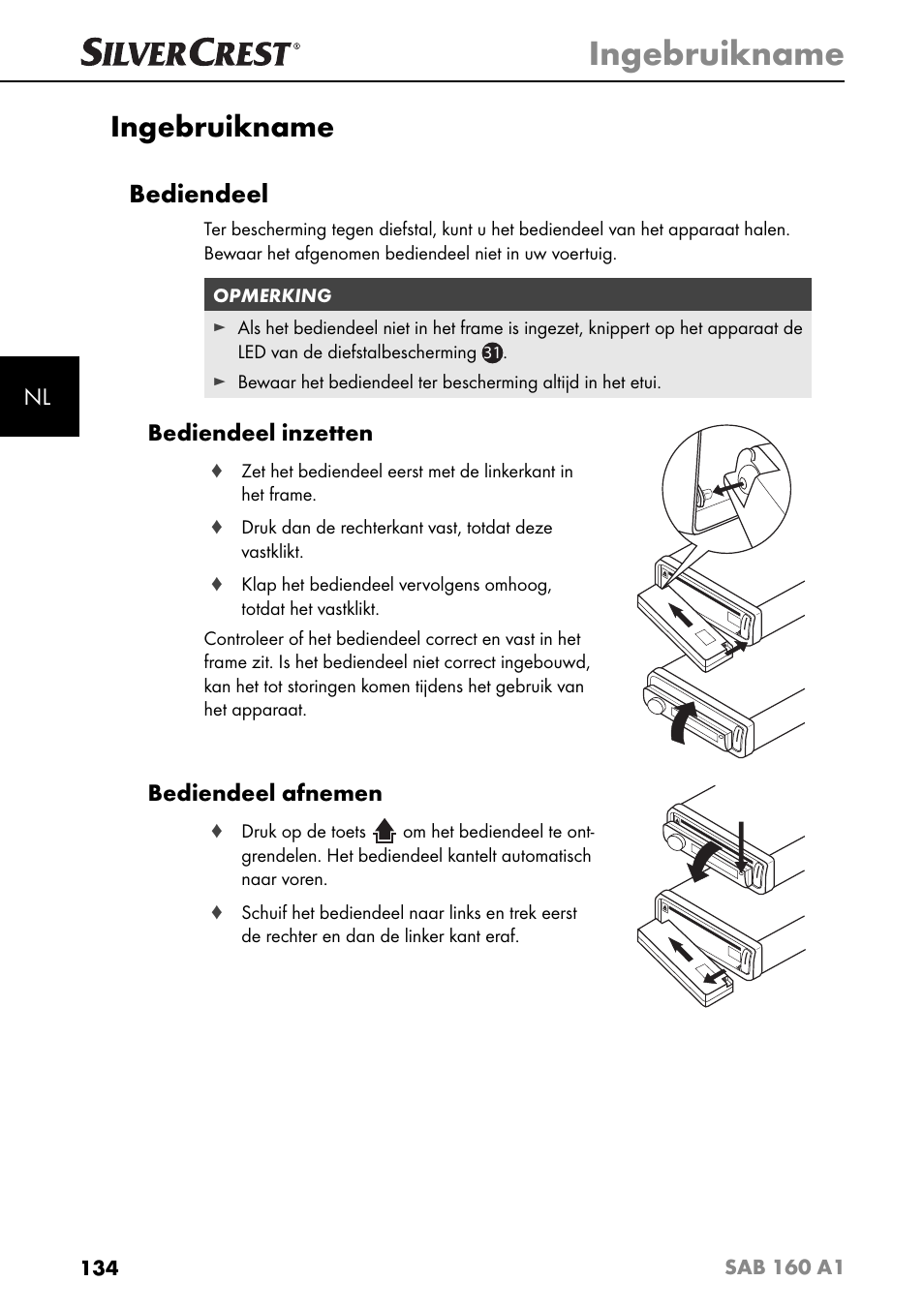 Ingebruikname, Bediendeel, Bediendeel inzetten | Bediendeel afnemen | Silvercrest SAB 160 A1 User Manual | Page 138 / 204