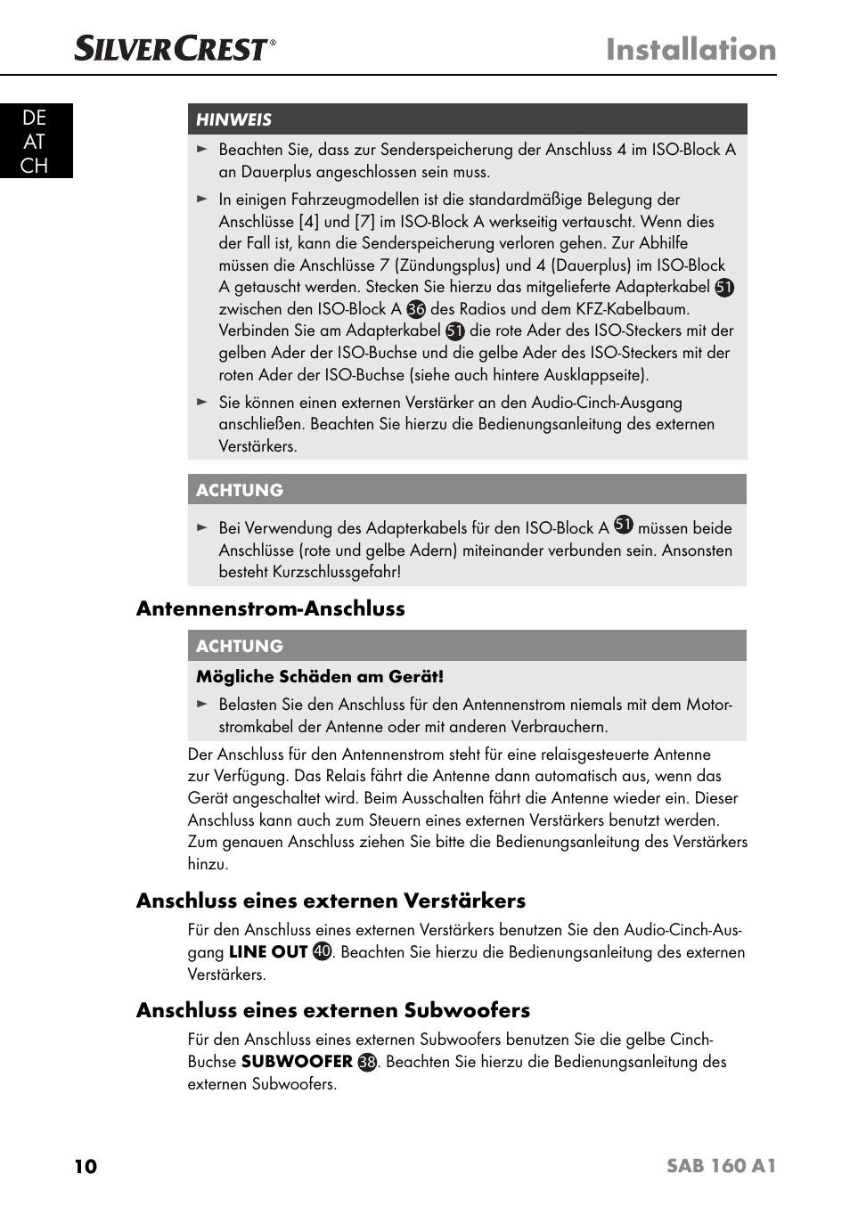 Installation, De at ch, Antennenstrom-anschluss | Anschluss eines externen verstärkers, Anschluss eines externen subwoofers | Silvercrest SAB 160 A1 User Manual | Page 14 / 204