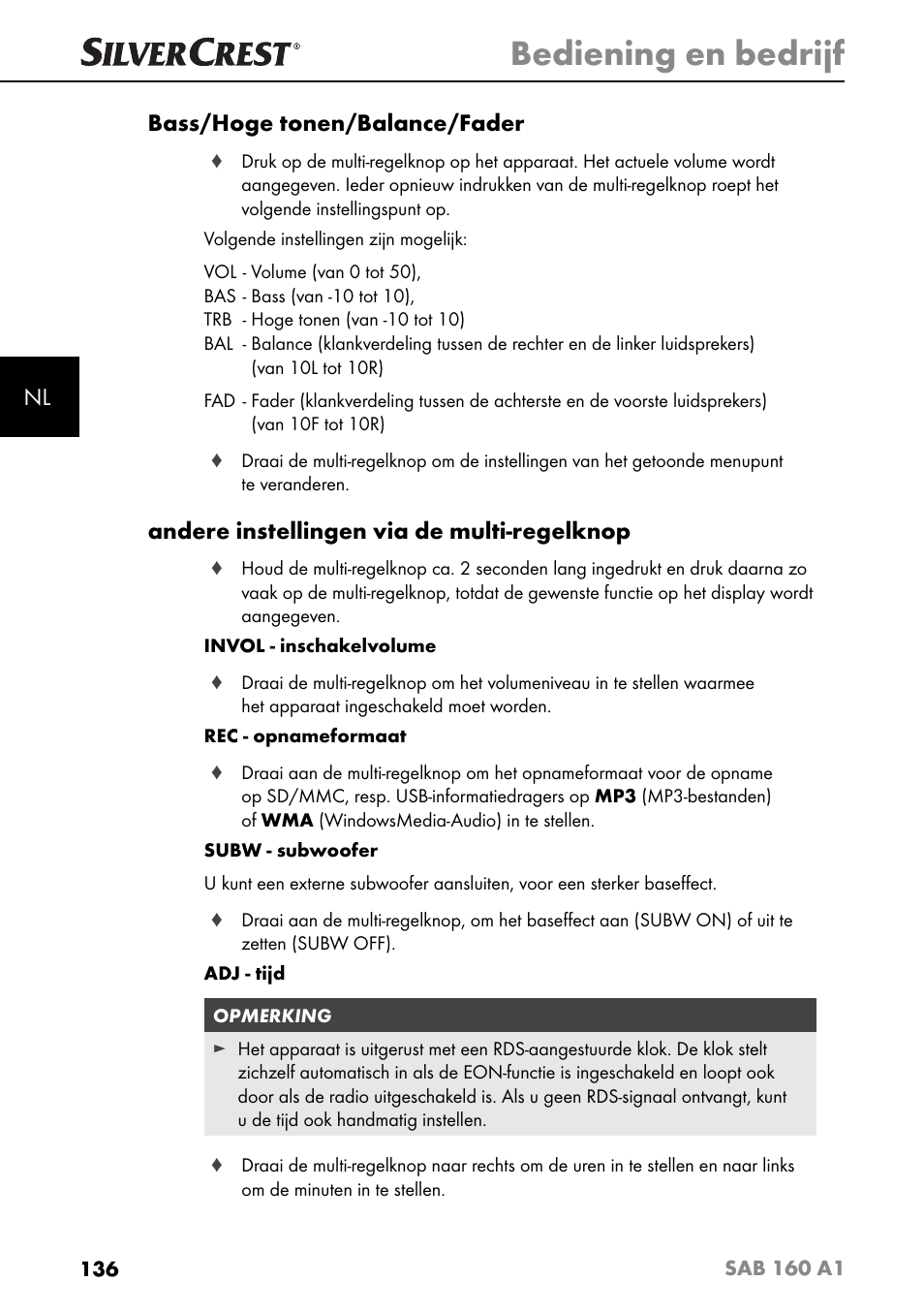 Bediening en bedrijf, Nl bass/hoge tonen/balance/fader, Andere instellingen via de multi-regelknop | Silvercrest SAB 160 A1 User Manual | Page 140 / 204