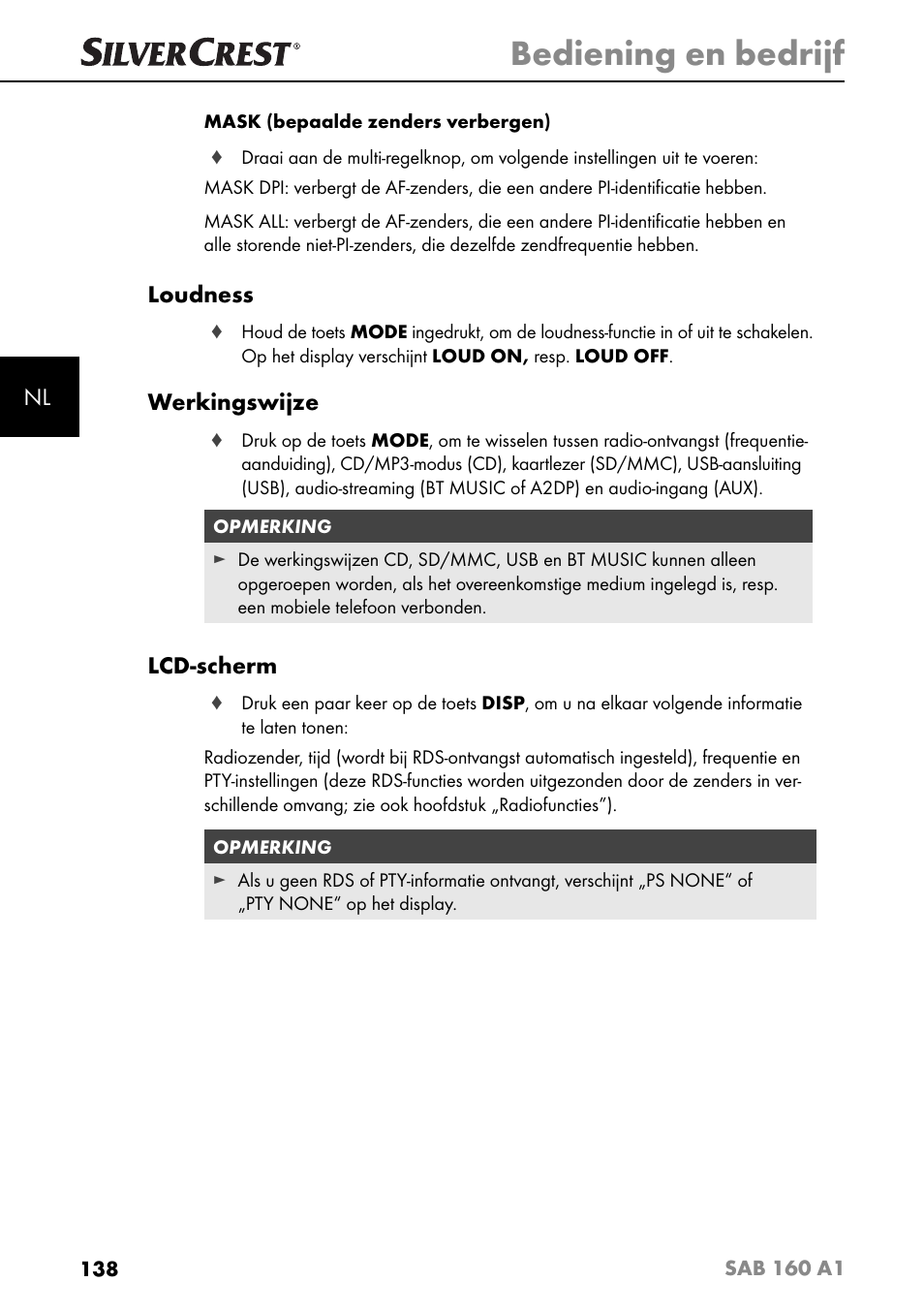 Bediening en bedrijf, Loudness, Werkingswijze | Lcd-scherm | Silvercrest SAB 160 A1 User Manual | Page 142 / 204