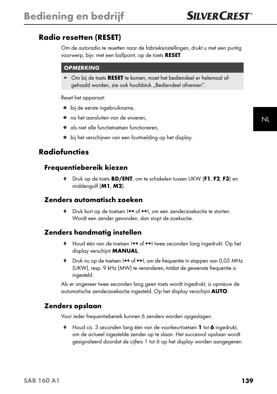 Bediening en bedrijf, Radio resetten (reset), Radiofuncties | Frequentiebereik kiezen, Zenders automatisch zoeken, Zenders handmatig instellen, Zenders opslaan | Silvercrest SAB 160 A1 User Manual | Page 143 / 204