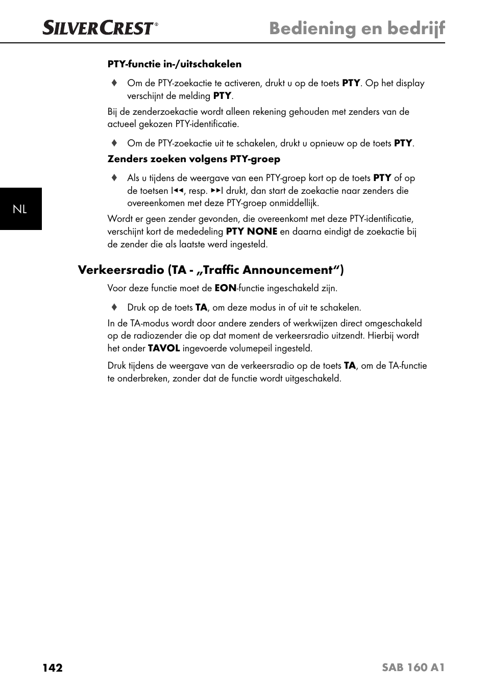 Bediening en bedrijf, Verkeersradio (ta - „traﬃ c announcement“) | Silvercrest SAB 160 A1 User Manual | Page 146 / 204