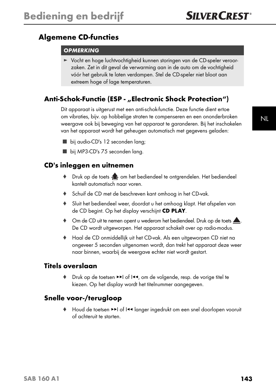 Bediening en bedrijf, Algemene cd-functies, Cd's inleggen en uitnemen | Titels overslaan, Snelle voor-/terugloop | Silvercrest SAB 160 A1 User Manual | Page 147 / 204