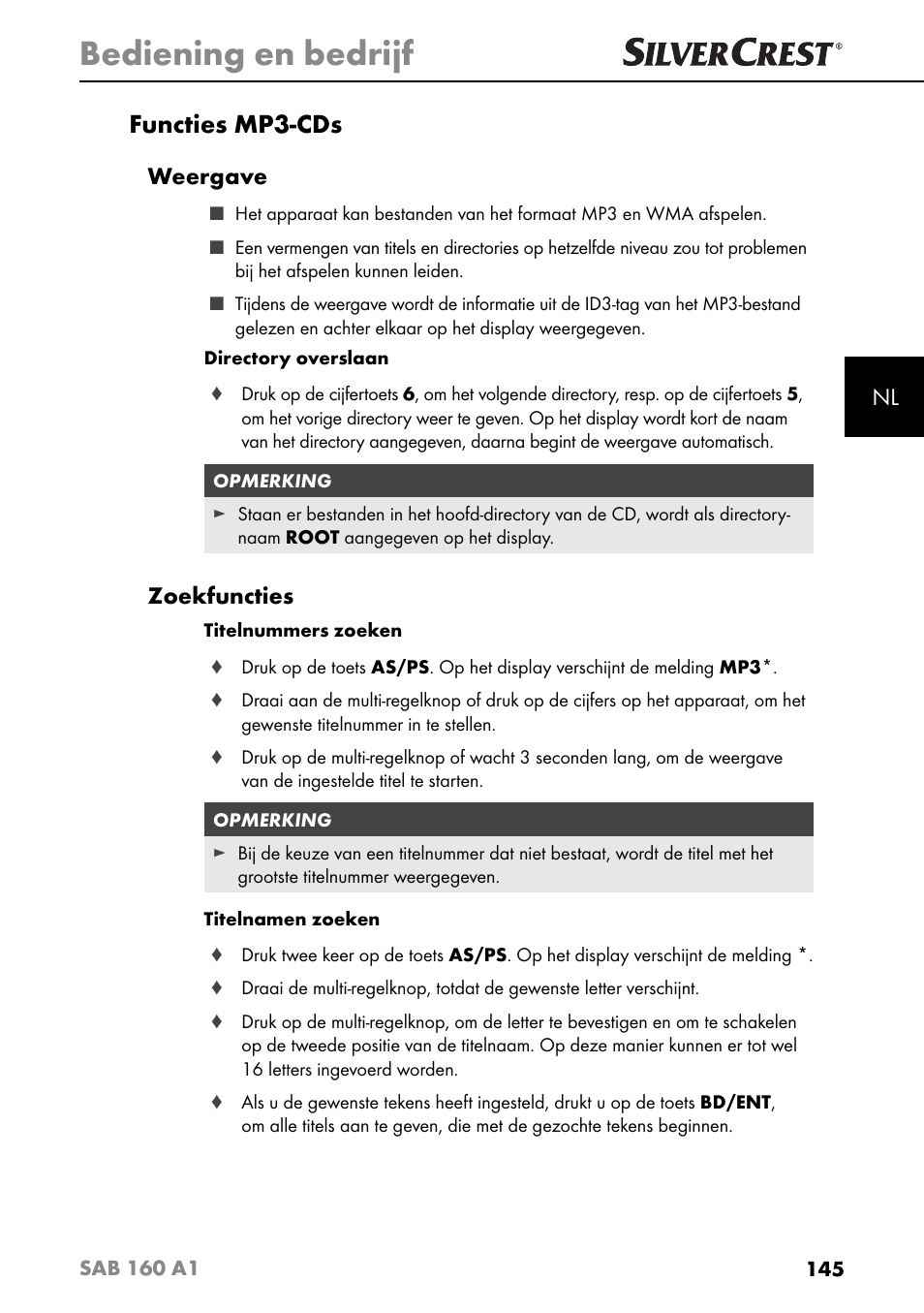 Bediening en bedrijf, Functies mp3-cds, Weergave | Zoekfuncties | Silvercrest SAB 160 A1 User Manual | Page 149 / 204