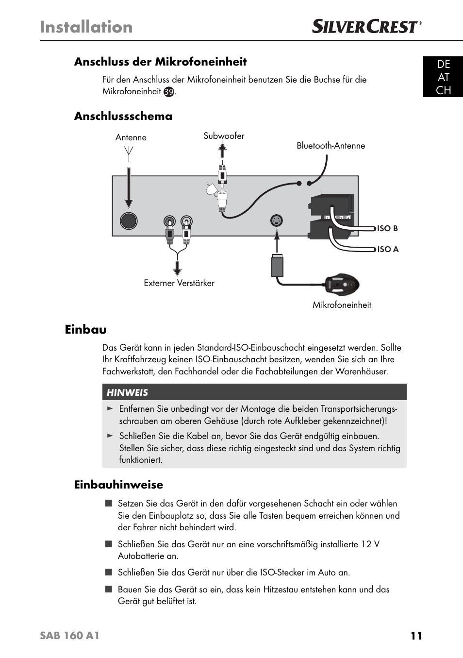 Installation, Einbau, De at ch anschluss der mikrofoneinheit | Anschlussschema, Einbauhinweise | Silvercrest SAB 160 A1 User Manual | Page 15 / 204