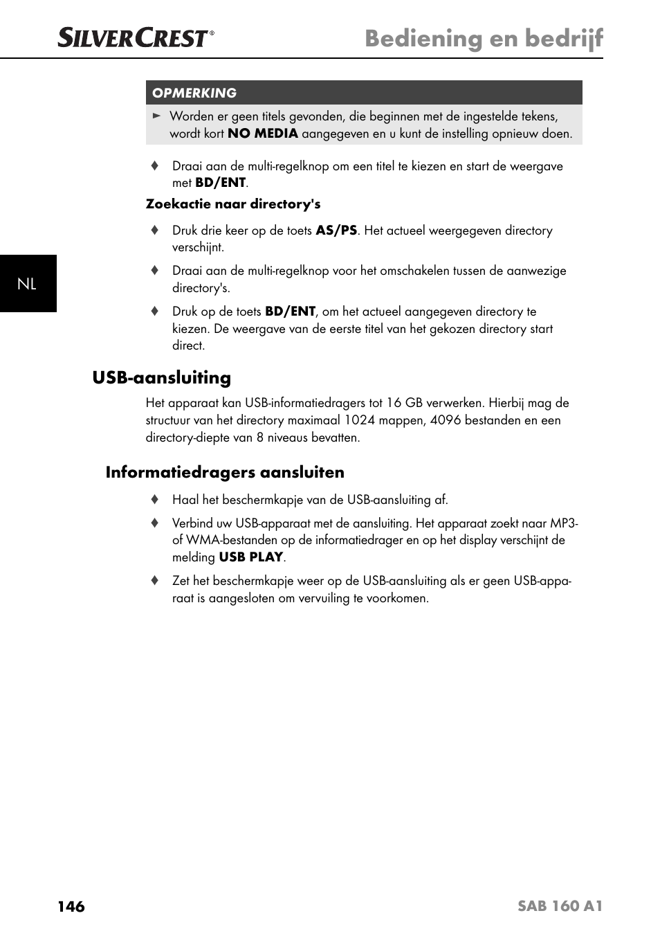 Bediening en bedrijf, Usb-aansluiting, Informatiedragers aansluiten | Silvercrest SAB 160 A1 User Manual | Page 150 / 204