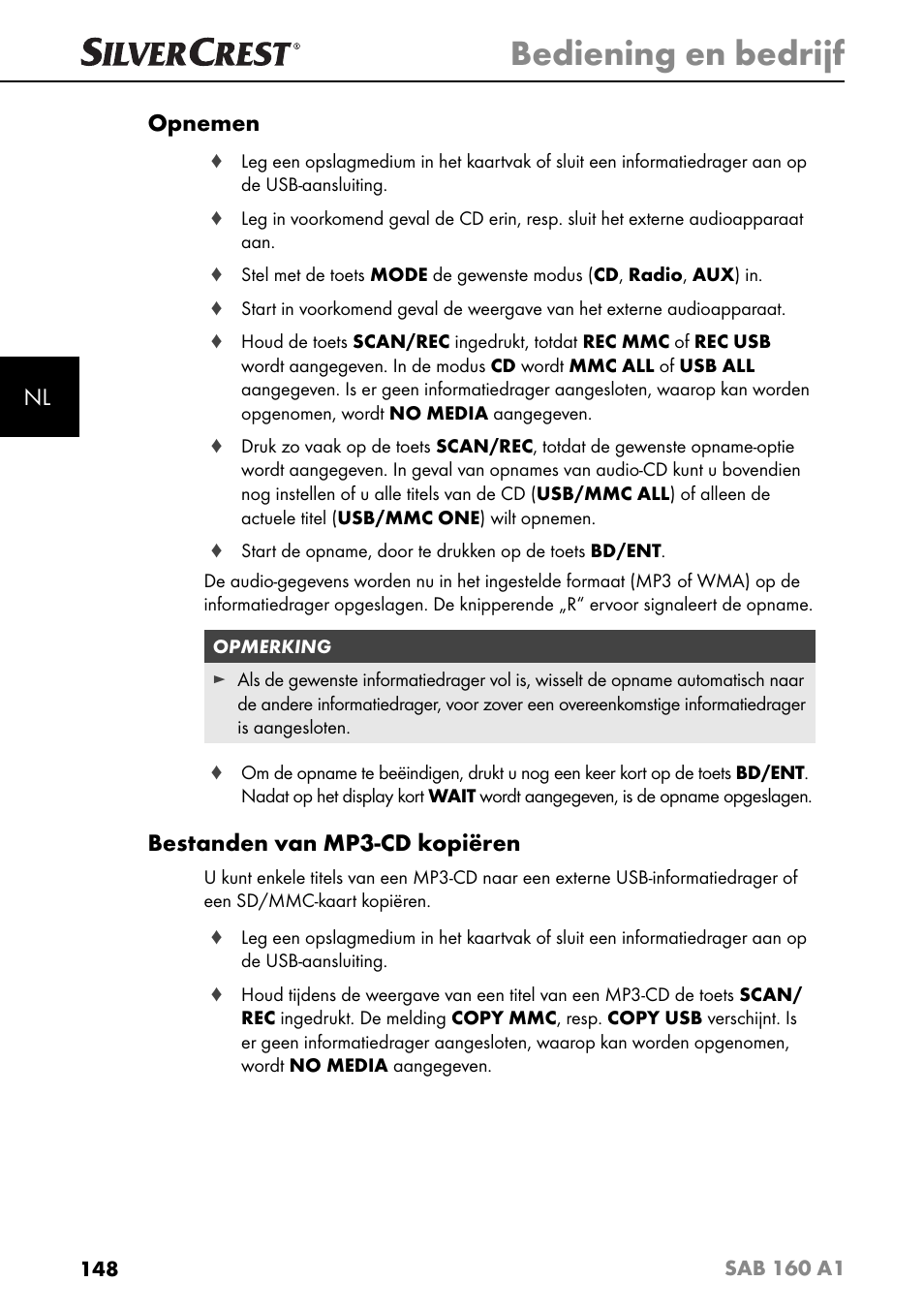 Bediening en bedrijf, Nl opnemen, Bestanden van mp3-cd kopiëren | Silvercrest SAB 160 A1 User Manual | Page 152 / 204