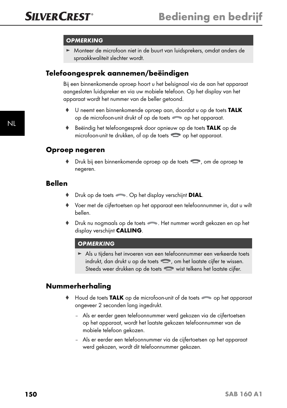 Bediening en bedrijf, Telefoongesprek aannemen/beëindigen, Oproep negeren | Bellen, Nummerherhaling | Silvercrest SAB 160 A1 User Manual | Page 154 / 204