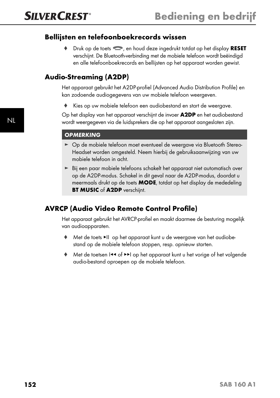 Bediening en bedrijf, Nl bellijsten en telefoonboekrecords wissen, Audio-streaming (a2dp) | Avrcp (audio video remote control proﬁ le) | Silvercrest SAB 160 A1 User Manual | Page 156 / 204