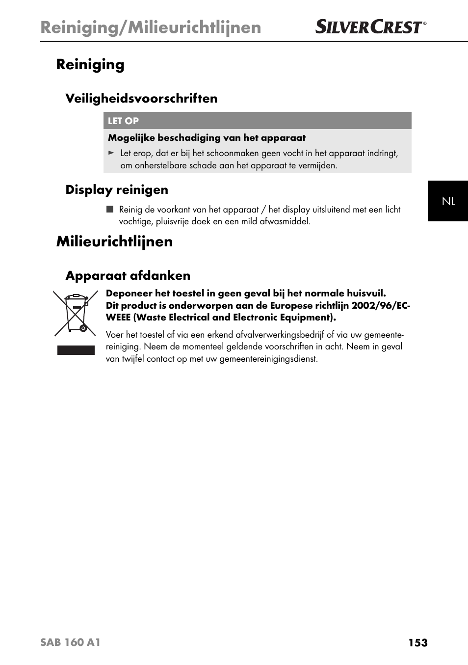 Reiniging/milieurichtlijnen, Reiniging, Milieurichtlijnen | Veiligheidsvoorschriften, Display reinigen, Apparaat afdanken | Silvercrest SAB 160 A1 User Manual | Page 157 / 204