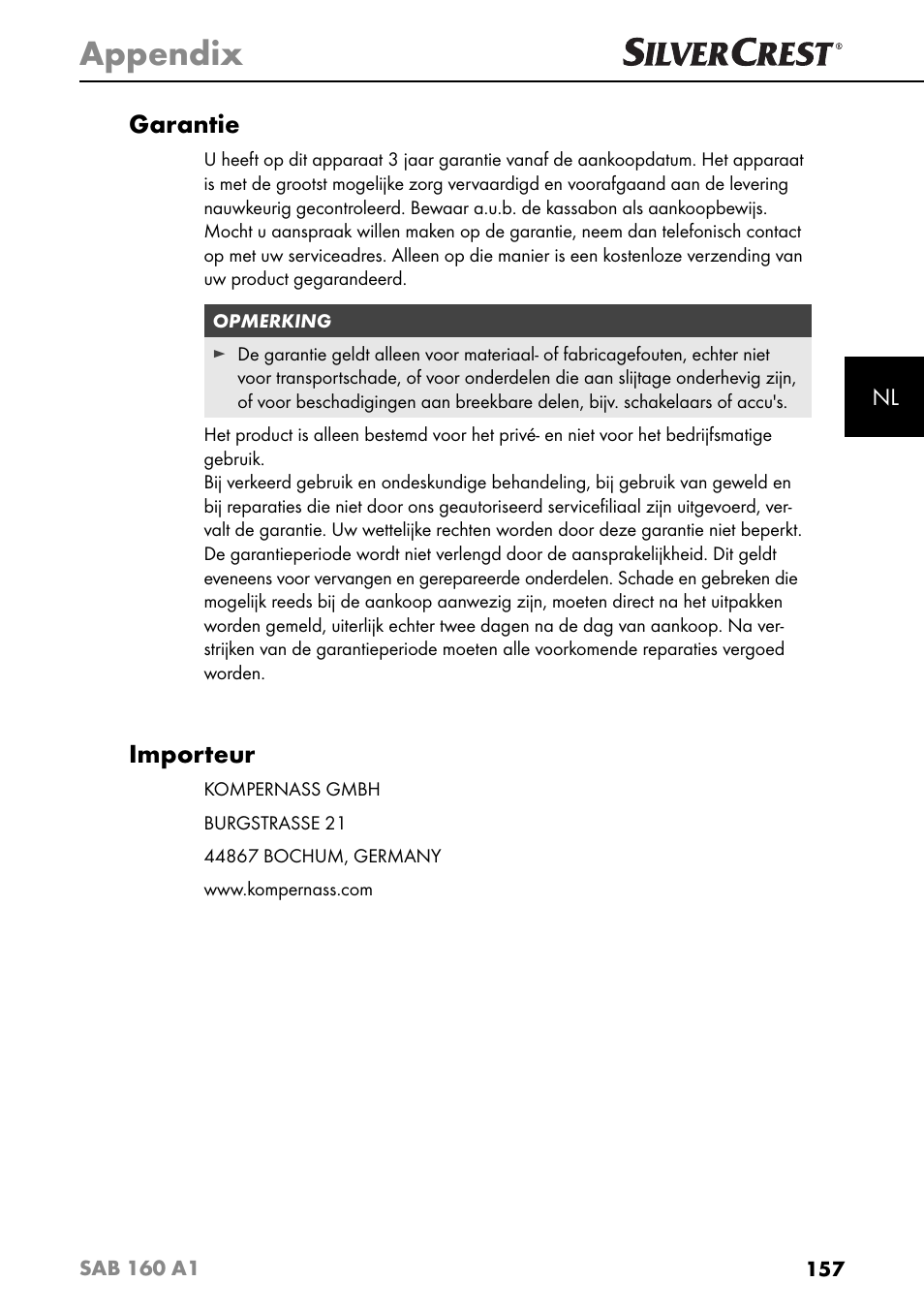 Appendix, Garantie, Importeur | Silvercrest SAB 160 A1 User Manual | Page 161 / 204