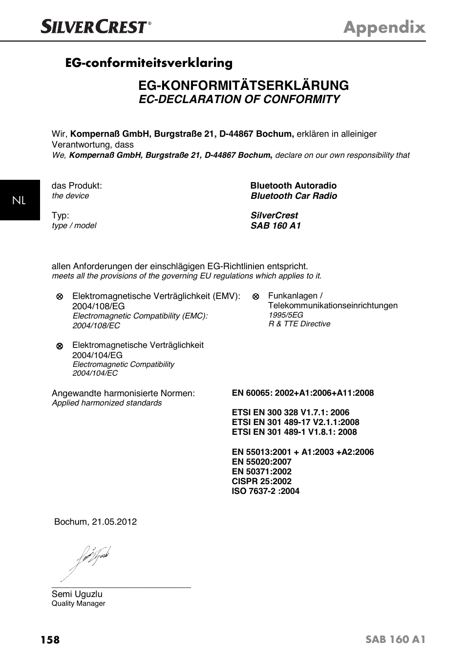 Appendix, Eg-conformiteitsverklaring, Eg-konformitätserklärung | Ec-declaration of conformity, Sab 160 a1 | Silvercrest SAB 160 A1 User Manual | Page 162 / 204