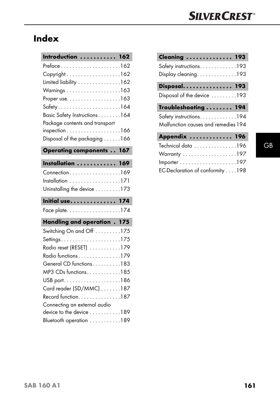 Index | Silvercrest SAB 160 A1 User Manual | Page 165 / 204