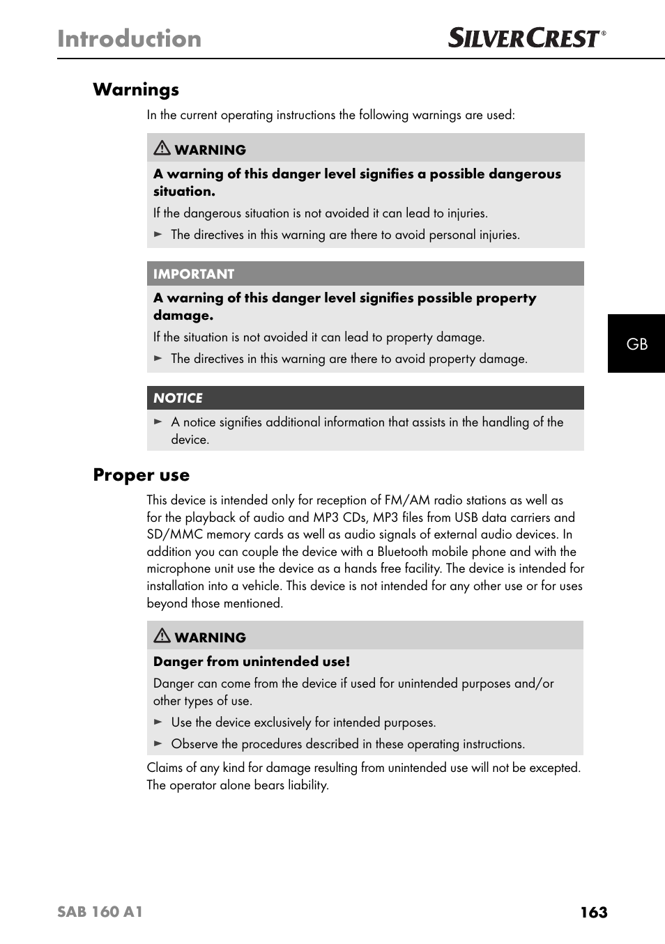 Introduction, Warnings, Proper use | Silvercrest SAB 160 A1 User Manual | Page 167 / 204
