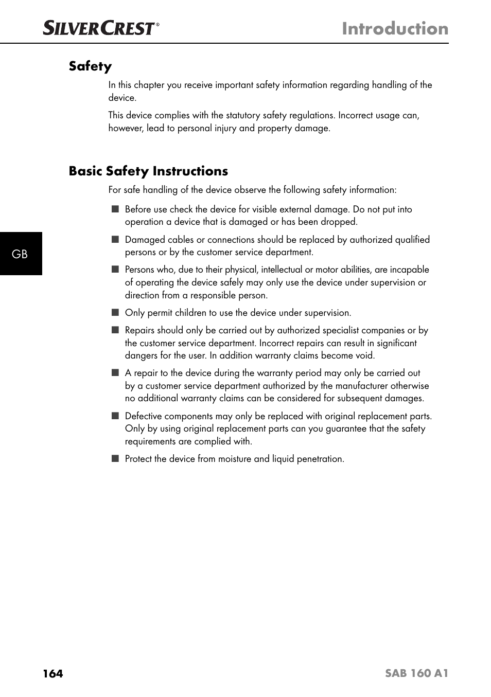 Introduction, Safety, Basic safety instructions | Silvercrest SAB 160 A1 User Manual | Page 168 / 204